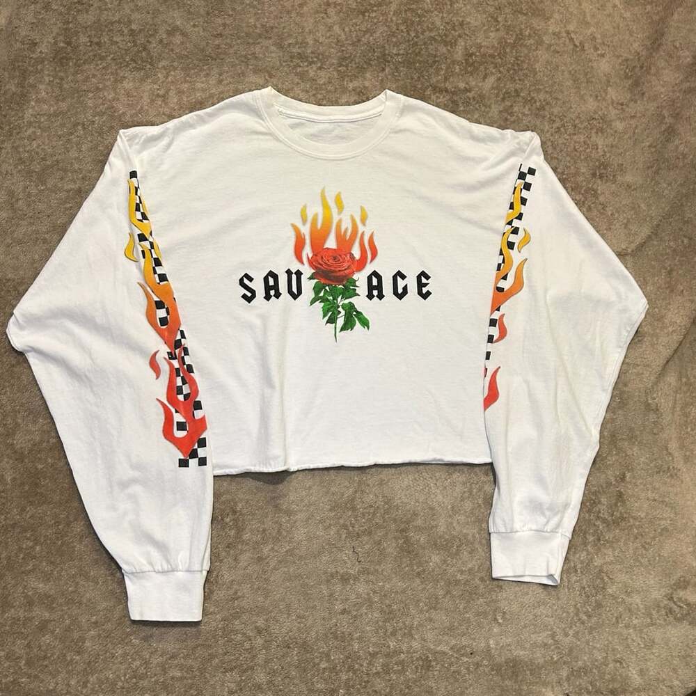 Rue21 Savage Rose Flame Cropped Long Sleeve 100% Cotton, Size XL